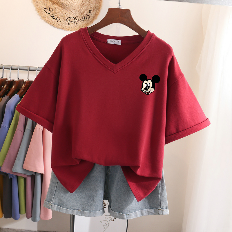 Mickey V-neck Loose T-shirt Retro plus Size Women's Clothing Short Sleeve