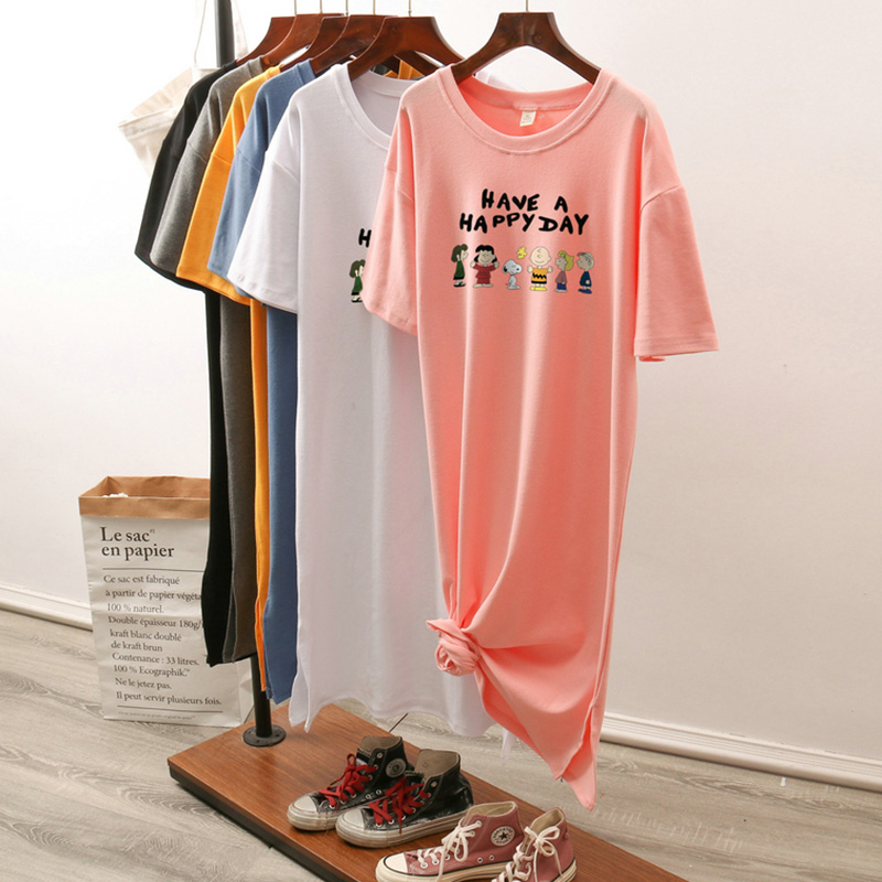 Long T-shirt Plus Size Ladies Loose Purified Cotton over the Knee Short Sleeve
