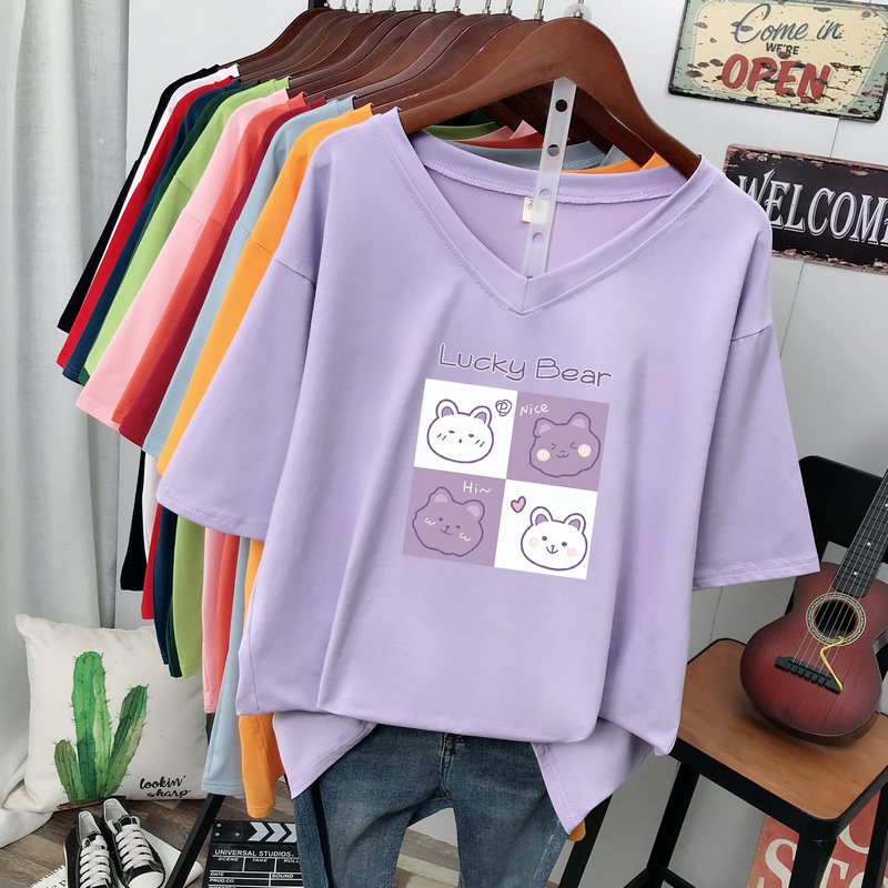 Stylish Purple Loose Pure Cotton Top Clothes Short-Sleeved T-shirt