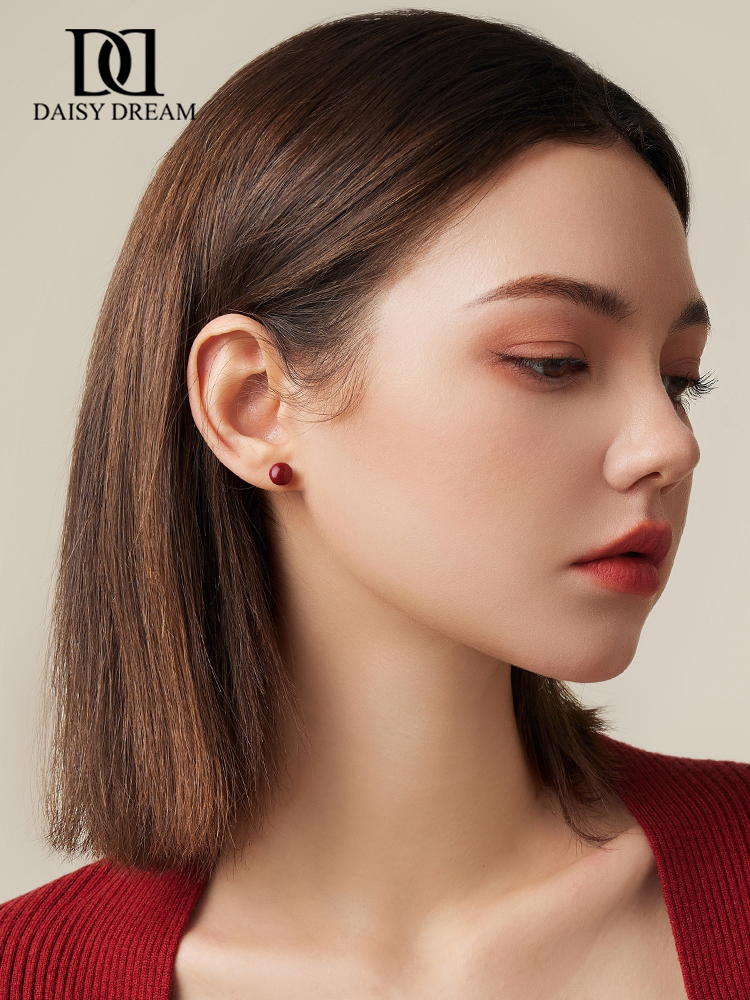 999 Sterling Silver Cinnabar Stud Earrings Female Temperament Light Luxury Retro Red Birth Year Earrings Ear-Caring New Year Ear Rings