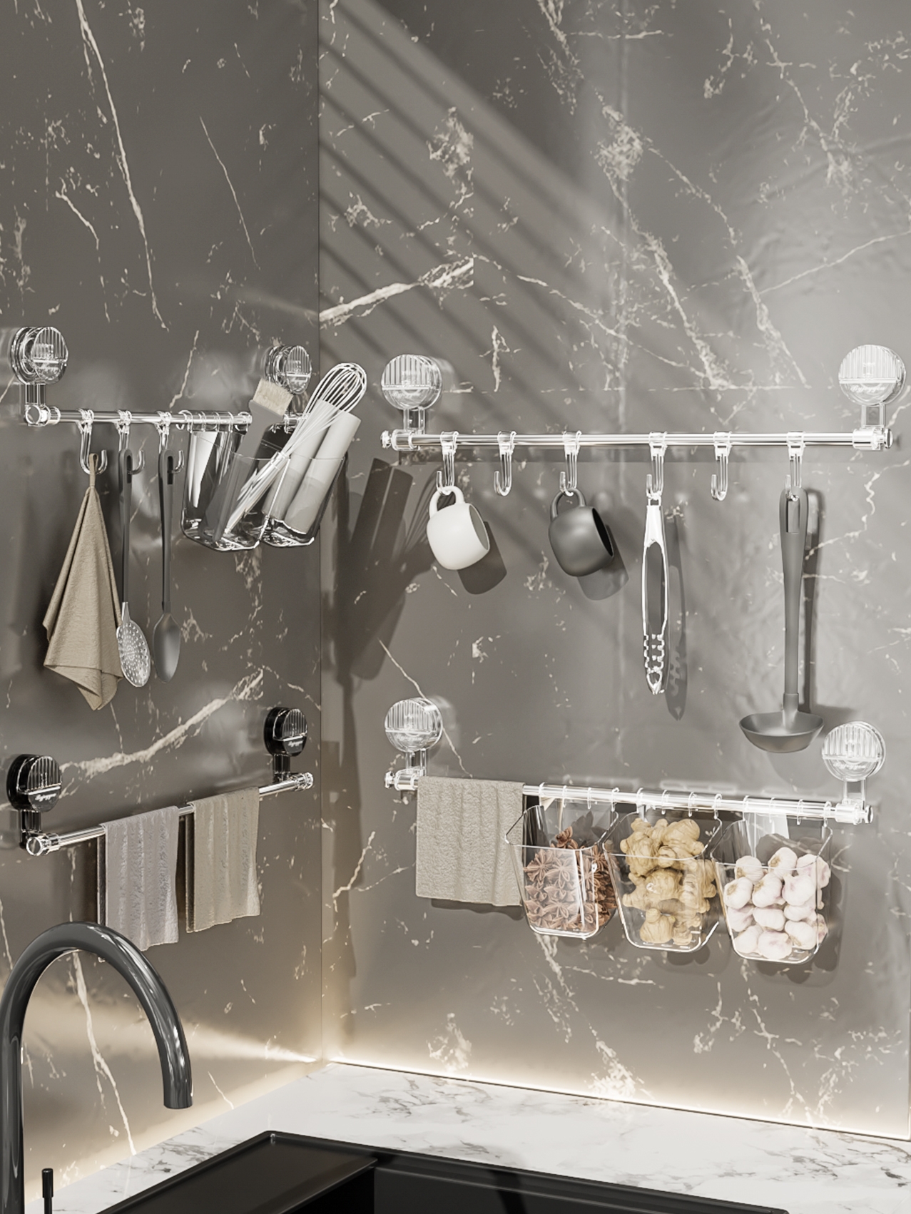 Kitchen Suction Cup Hook Punch-Free Storage Rack Hanging Spoon and Spatula Rack Multi-Functional Onion, Ginger and Garlic Hanging Basket Storage Rack