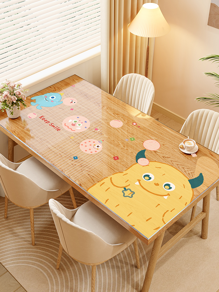 Cartoon Transparent Soft Glass Dining Table Cushion Waterproof Oil-Proof Disposable Coffee Table Tablecloth Desktop Protective Pad Anti-Scald and High Temperature Resistant