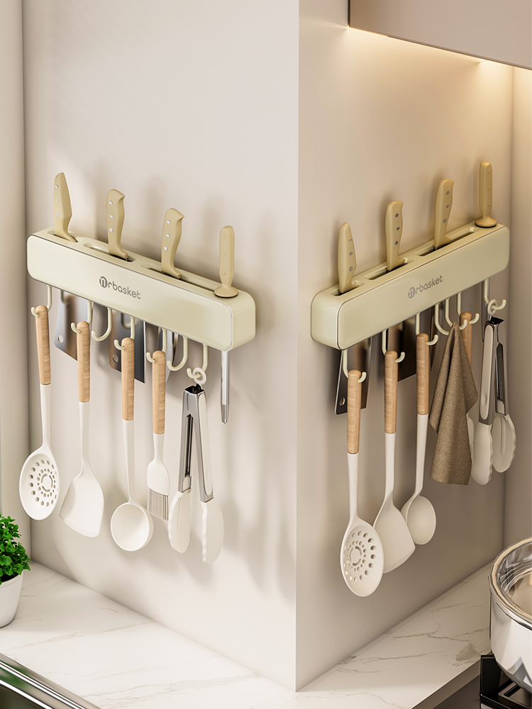Punch-Free Kitchen Hook Rack Wall-Mounted Rag Drain Rack Multi-Functional Spatula Knife Holder Row Hook Knife Storage Rack