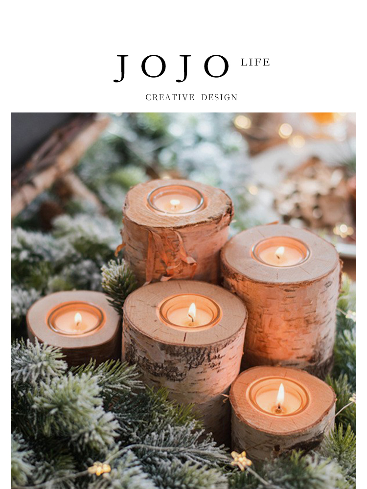 Jojo's L. Pd. Owen. White Birch Wooden Pile with Glass Candle Candlestick Atmosphere Decoration Decoration Vintage Owen