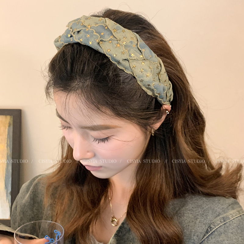 XINGX Denim Wide-Brimmed High Skull Top Headband Female Spring Retro Elegant Fancy Headband Unique Niche Style Hair Accessories