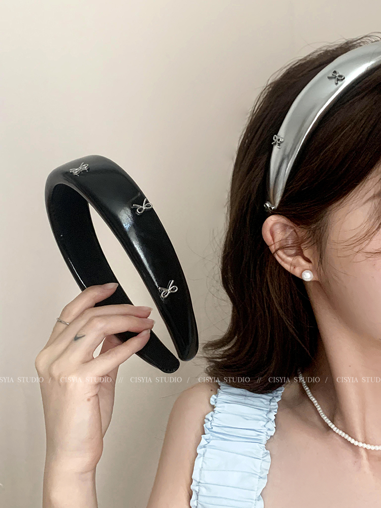 Bows Wide Brim Hair Band Female Fancy High Skull Top All-Matching Graceful Bangs Headband PU Leather Silver Hairpin Headdress