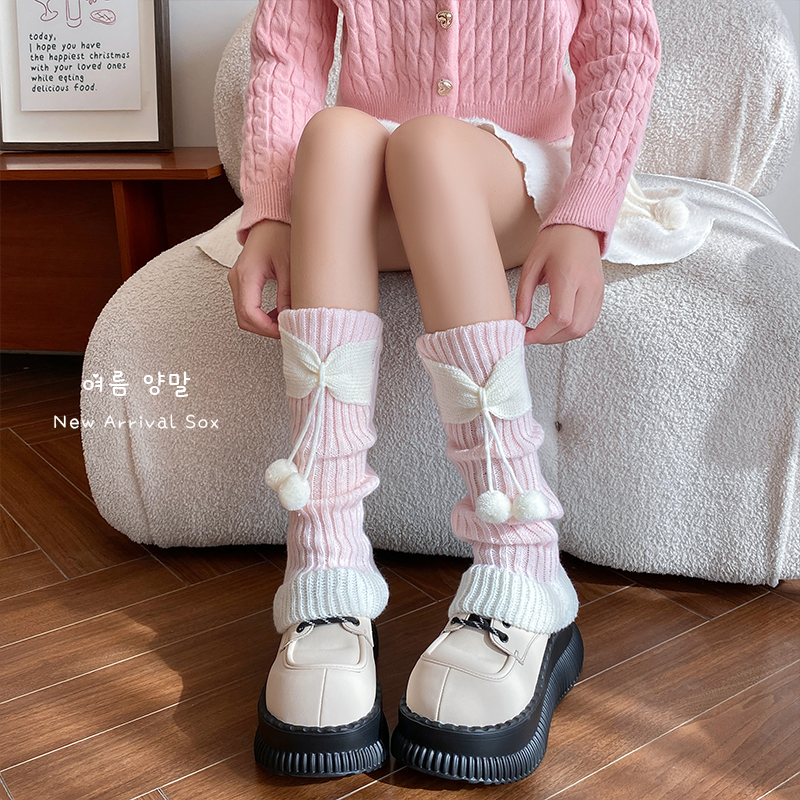 Japanese Cute Lolita Bunching Socks Ballet Style Pink Wooden Ear Calf Socks White with Fur Ball Knitted Leg Warmers