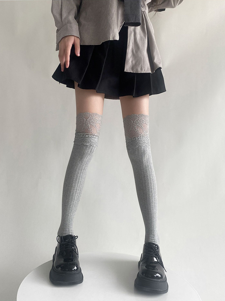 Over-the-Knee Stockings Long Boots Autumn and Winter Pure Wind Gray Socks Japan fashion Lace HOLD-UPS Women Lolita