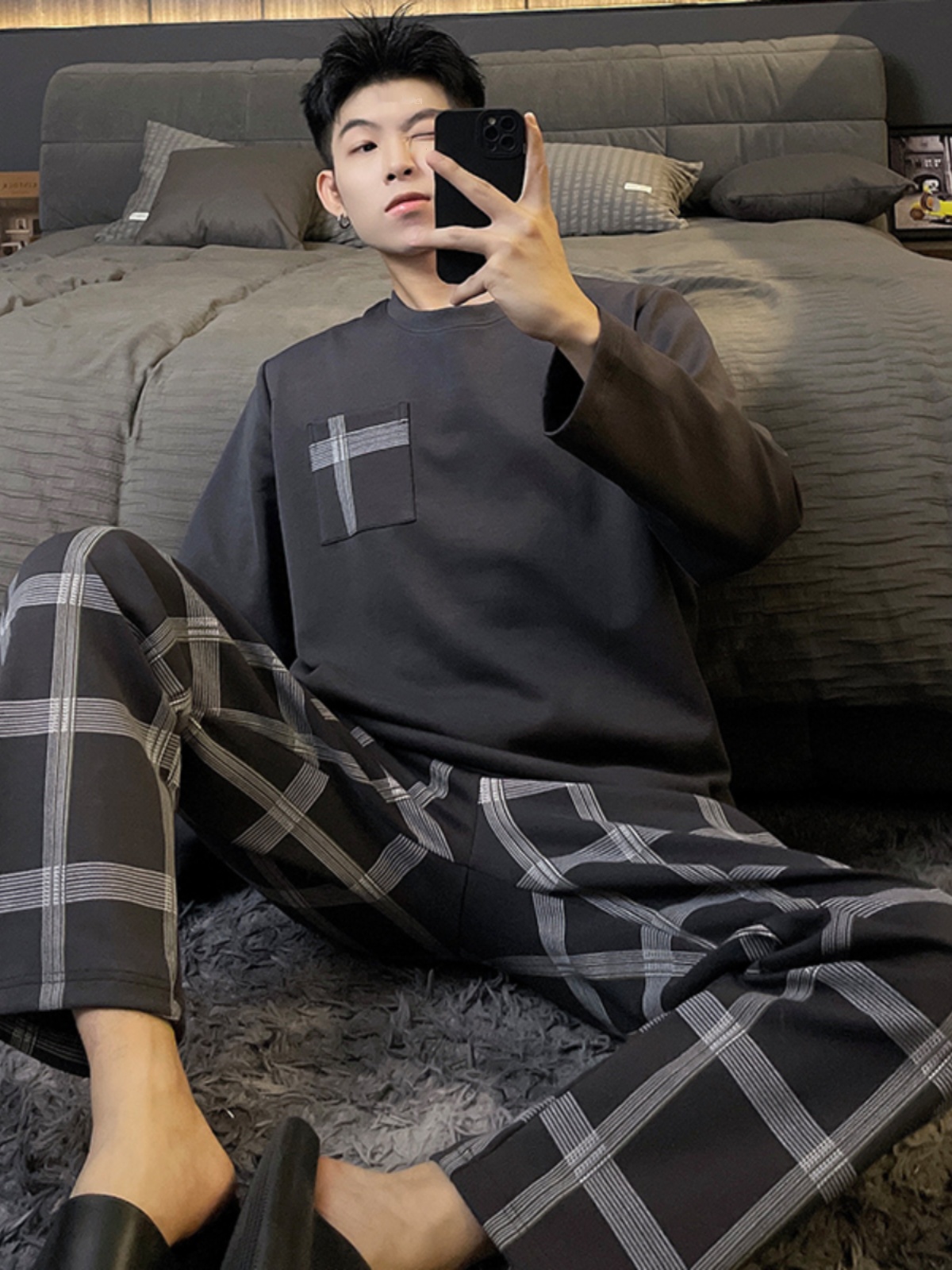 Men Pajamas Spring and Autumn Long Sleeve Plaid Pants Imitation Cotton Loose 2025 New Arrival Men's Winter Loungewear Suit