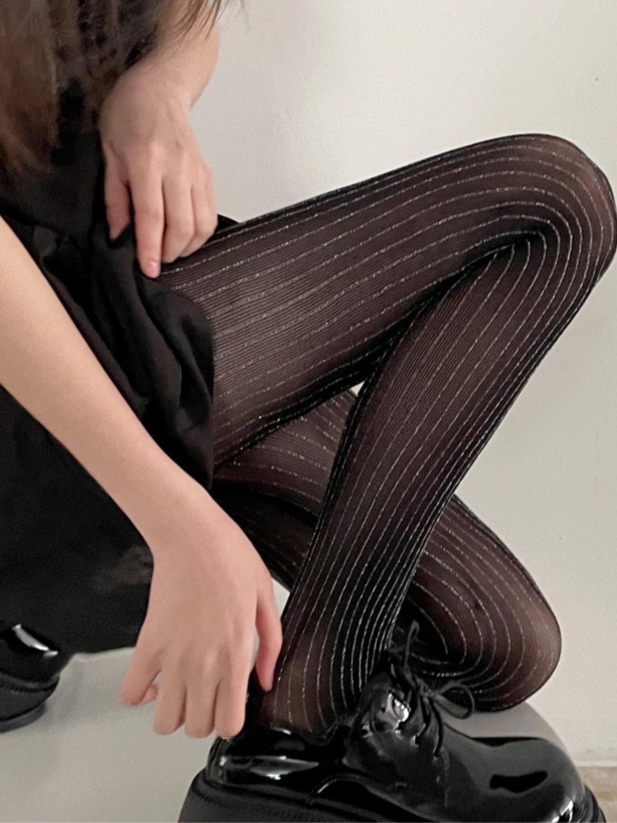 Black Silk Stockings Sexy Shiny Silver Vertical Stripes Spring & Fall Winter All-Matching Retro Maillard Gray Bottoming Pantyhose