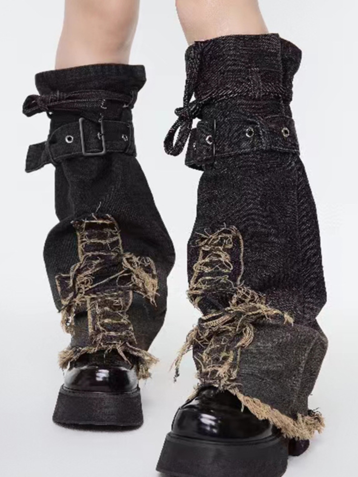 Horn Denim Leg Warmer Y2g Subculture Punk Wide Leg Pile Style Foot Sock Female Millennium Sexy Motorcycle Strap Boot Cover