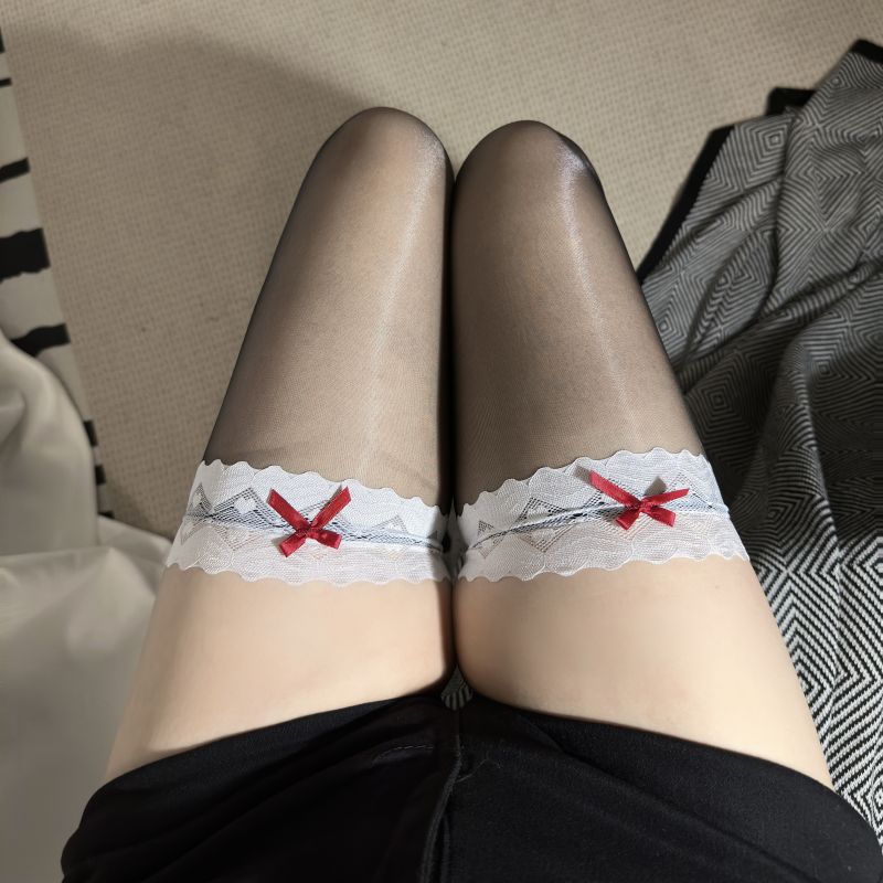 Aurora Shiny Hold-Ups Sexy Black Silk Pure Desire White Long Tube Lace Stockings Shiny Stockings Half over Knee Socks