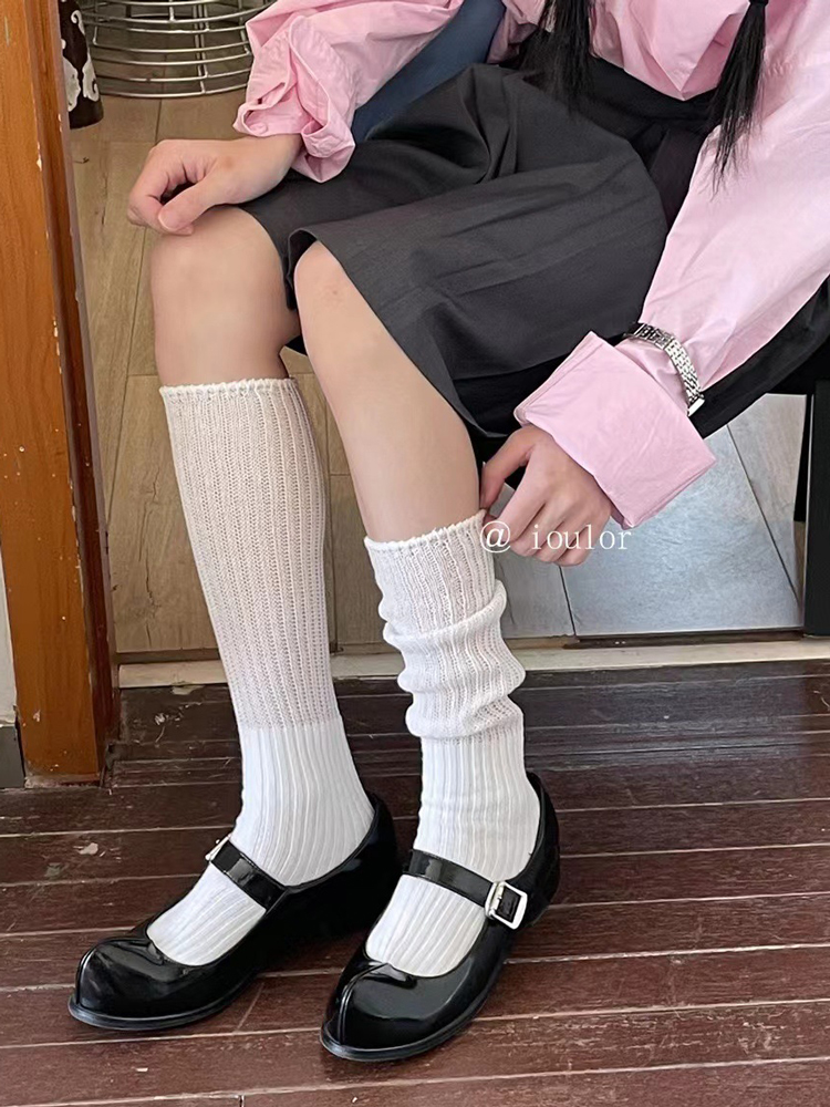 Stockings Women Spring & Fall Boneless Bunching Socks with Small Leather Shoes Boots Socks White Korean Simple Fall and Winter Calf Socks