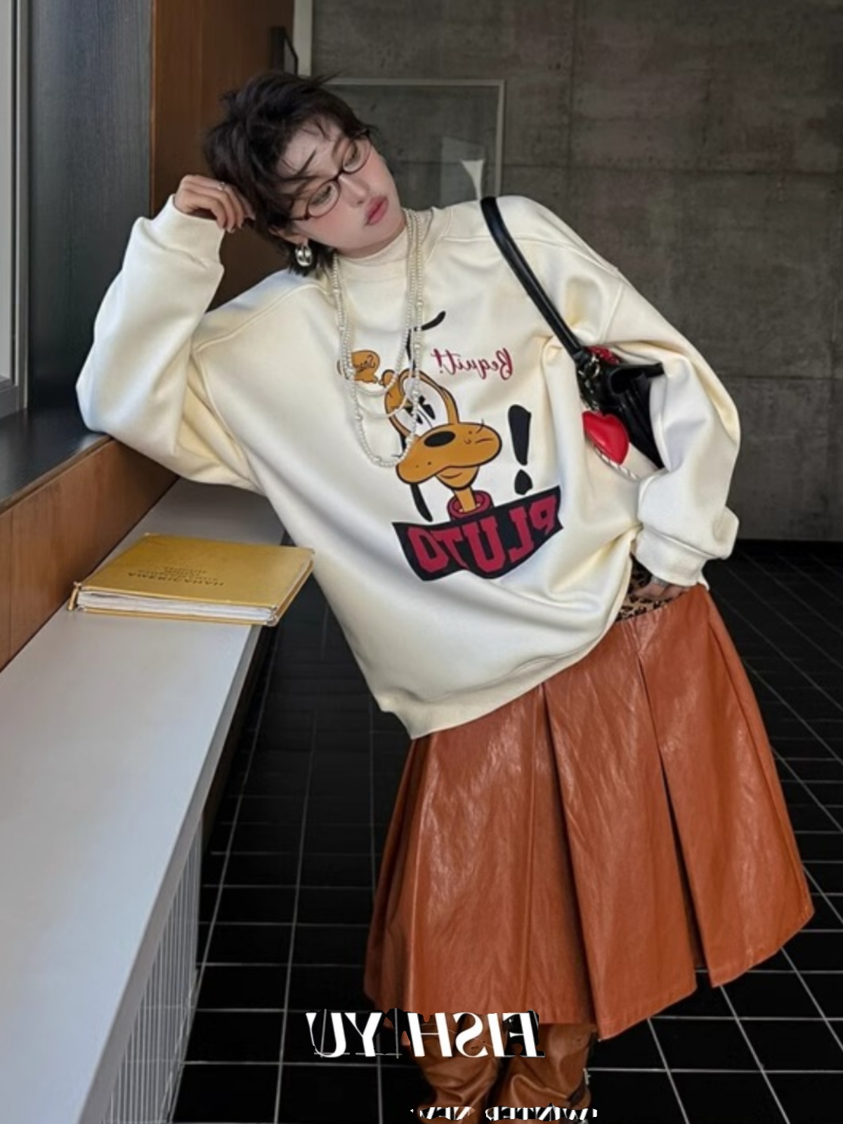 2025 Spring & Fall New Hoodie Female round Neck Cartoon Dog Print Mid Length Long Length Casual Loose Vintage Fleece-Lined Long Sleeves
