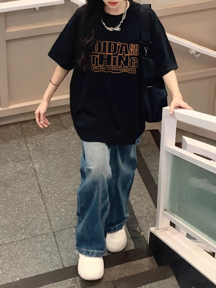 Black Short-Sleeved T-shirt Women's Summer 2025 New Arrival Best Selling American Ins Letter Print T-shirt Half-Sleeve Pure Cotton Tops