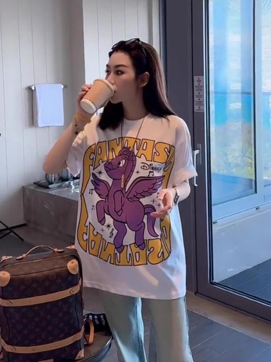 2025 New Arrival American Retro Dream Horse Print Casual Short-Sleeved T-shirt Female Summer Loose Mid Length Long Length Niche Top