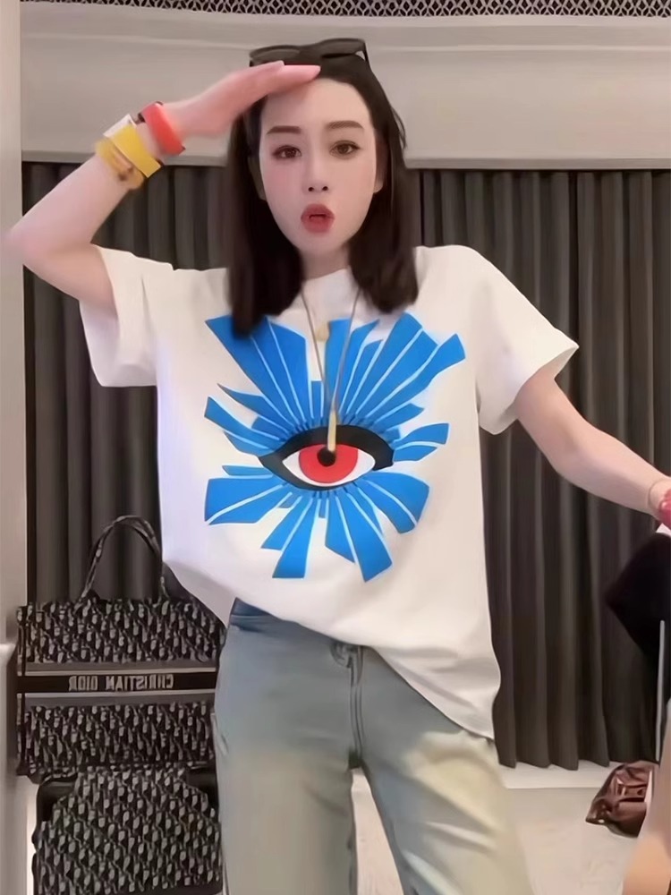 American Street Pure Cotton Short Sleeve T-Shirt Female 2025 Summer New Cartoon Print Loose Easiest for Match Classy European Style Tops