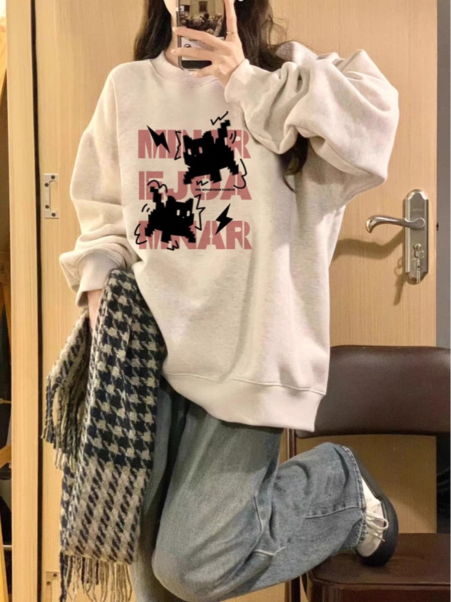 Melange Gray round Neck Heavy Weight Cat Long Sleeves Sweatshirt Women's Spring and Autumn Loose Velvet Thickened Pure Cotton Top without Hood