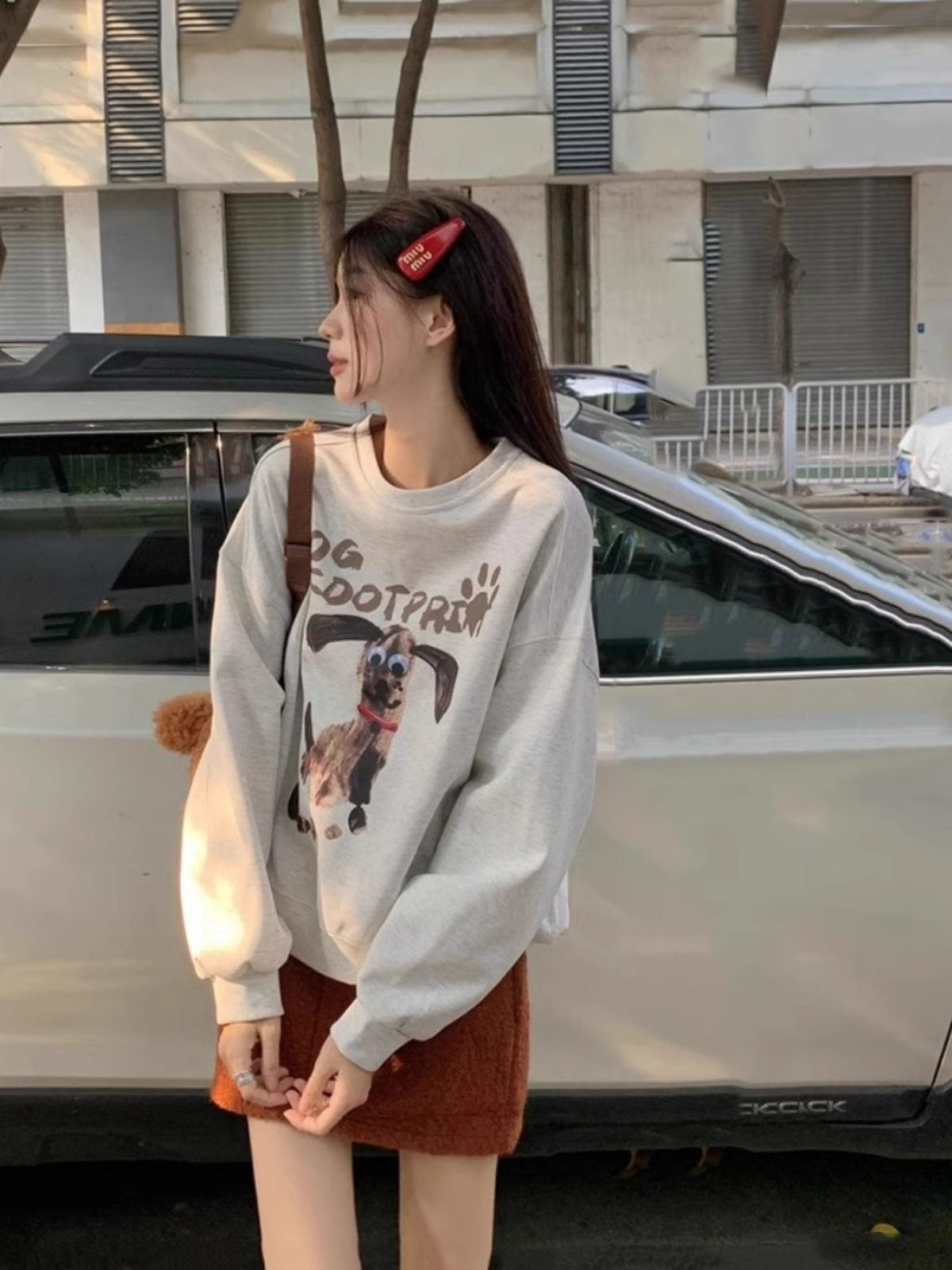 Korean Style Lazy Style Cartoon Fun Light Gray Sweatshirt Female 2025 Spring and Autumn Western Style Youthful-Looking Fleece-lined Sweet Cool Tops