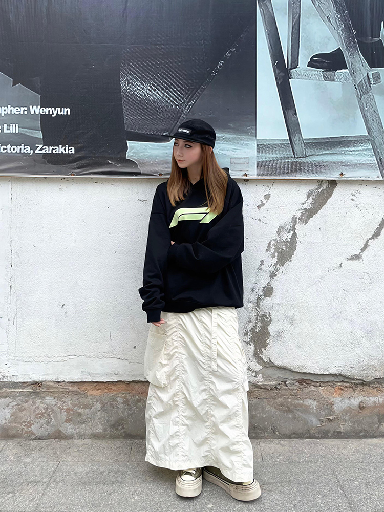 Oversize Stylish Niche Style Hooded Black Sweatshirt Outwear Female 2025 Spring & Fall New Arrival Velvet Padded Thickened Top