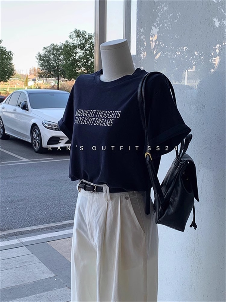 Korean Style Navy Blue Shoulder Heavy Weight T-shirt Women's Summer Short Sleeve Stylish Niche Style American Style Loose Tops Small