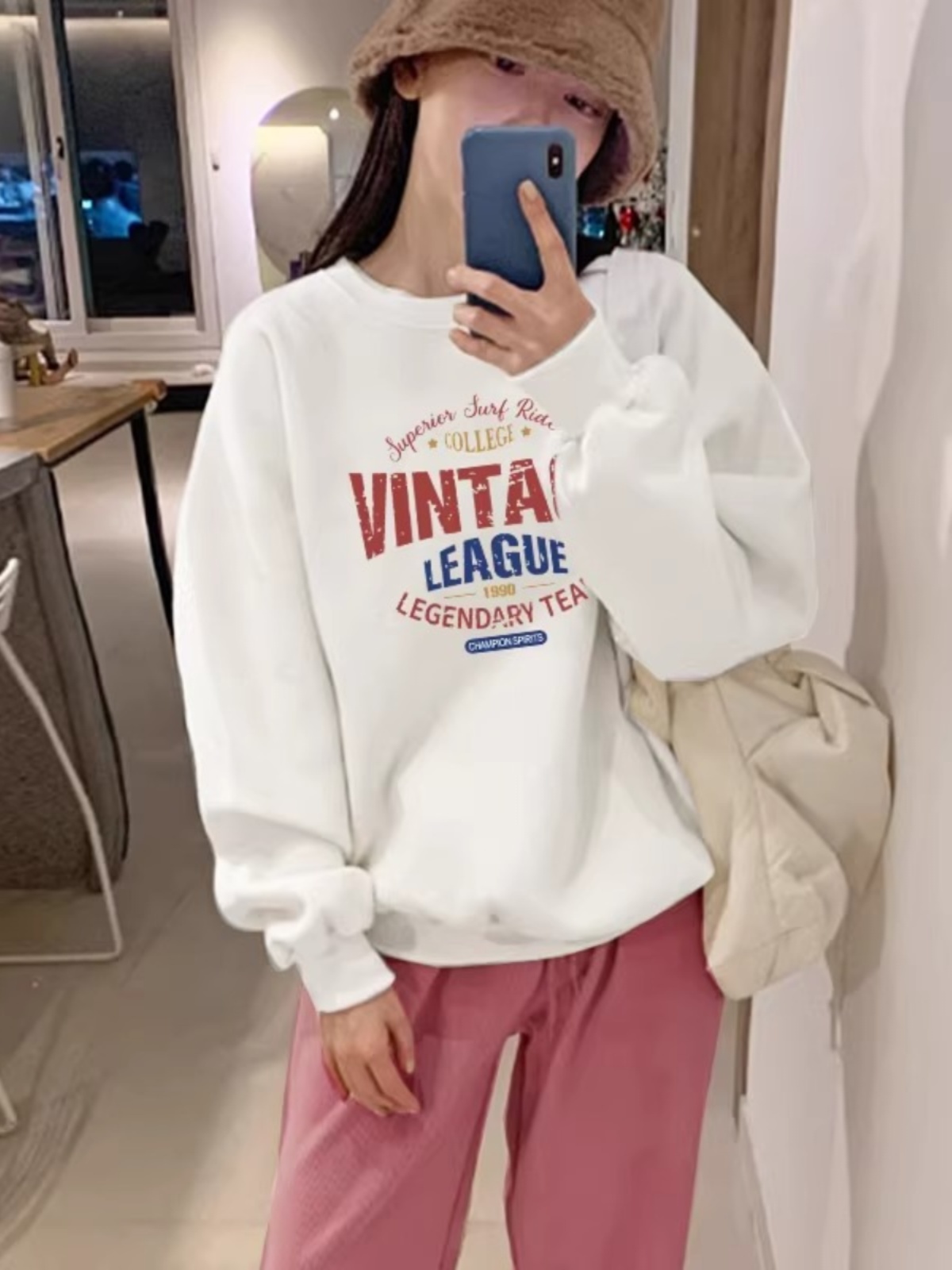 round Neck Sweatshirt Women 2025 Spring & Fall New Arrival Fleece-Lined Korean Style White Letters Loose Pullover Top Easy Matching Coat