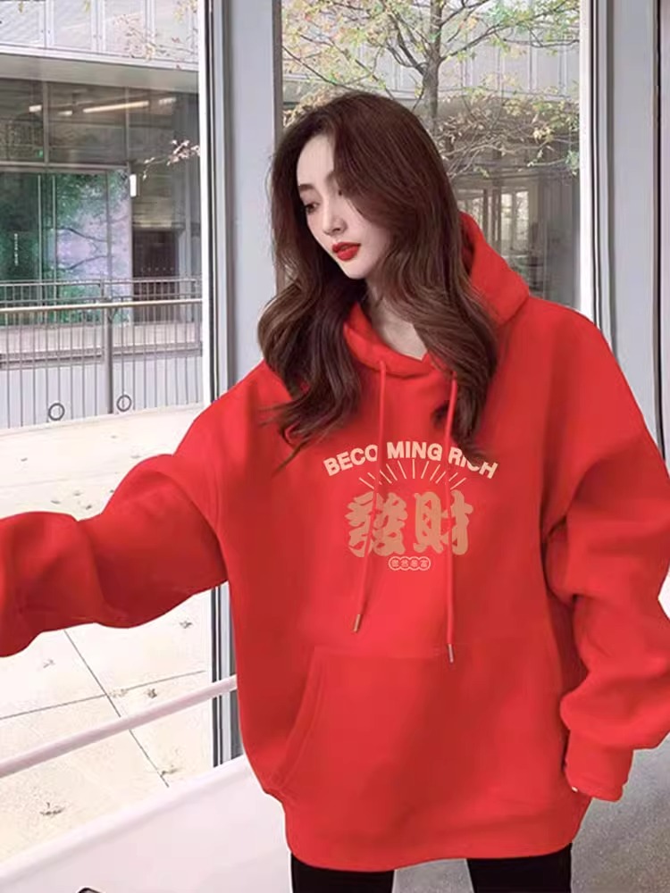 New Year Red Fortune Print Red Sweater Female 2025 New Arrival Top-Selling Product Fashion Pure Cotton Super Nice Fancy Tops