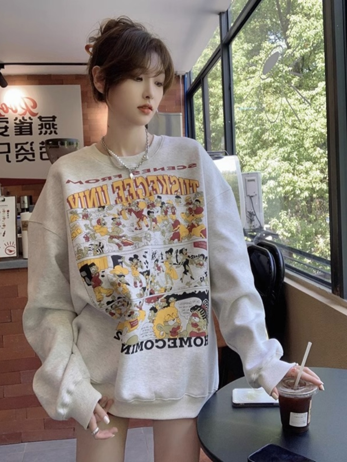 American Cartoon Long Sleeve Fancy Super Nice Sweatshirt round Neck Flower Gray Mid-Length Hip-Covering Tops Spring and Autumn