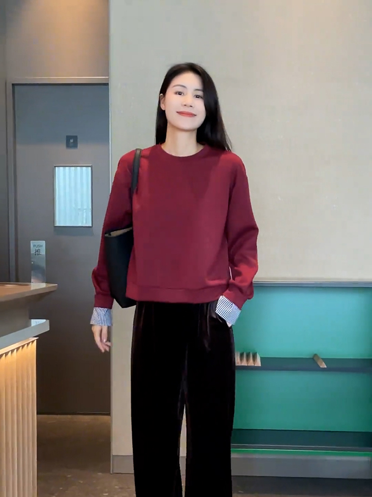 Red round-Neck Sweatshirt Women's Autumn Clothing 2025 New Arrival Fleece-lined Thickened Loose Design Niche Style Unique Chic Tops