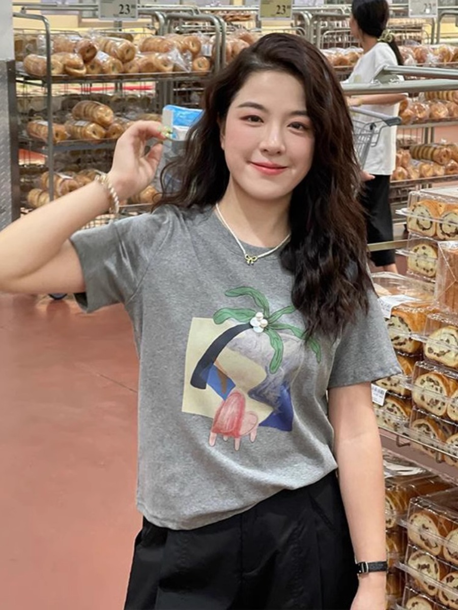 Coconut Tree Print Pearl Gray Shoulder Short-Sleeved T-shirt Female 2025 New Arrival Summer Casual Versatile Bottoming Shirt Tops
