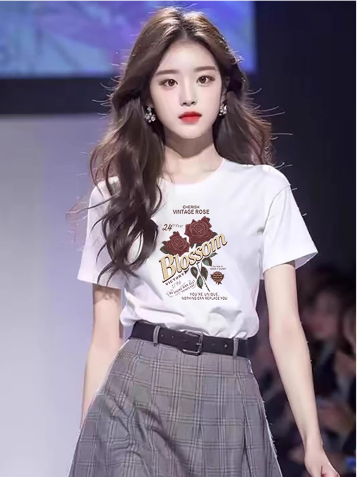 American Retro Rose Letter Print Short-Sleeve White T-shirt Female Summer New K-style Pure Cotton Niche Style round Neck Tops