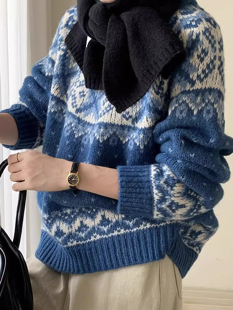 Fairisland Jacquard Super White Retro Quilted Sweater Female Stylish Niche Style Outwear Contrast Color Lazy Style Top