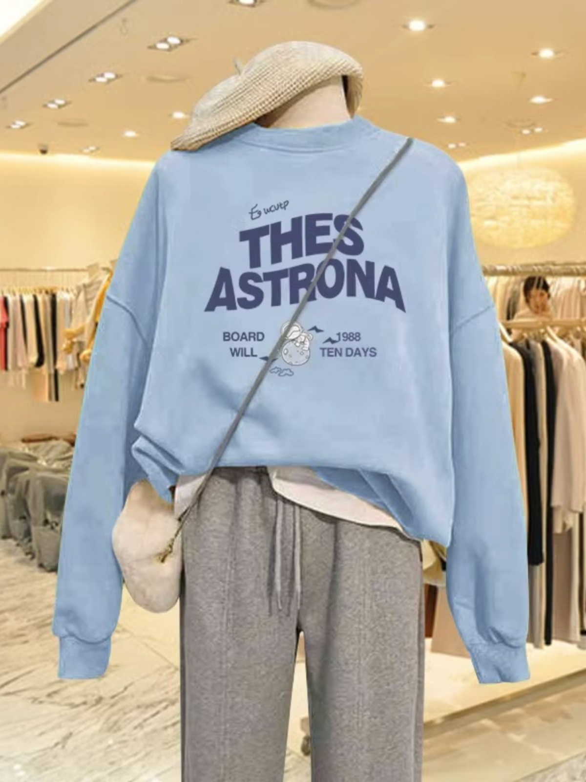 Blue round Neck Hoodless Sweater Female Spring and Autumn Thin Stylish Niche Style Unique Chic Small Man Pullover Tops