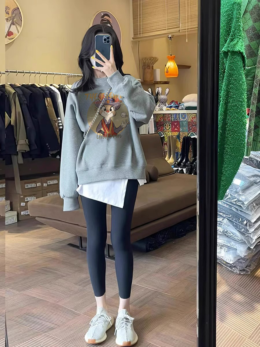 Western Style American Style Temperament Long Sleeve Print Tops Early Autumn New Arrival Female Easiest for Match Loose Laid-Back Figure Flattering Light Gray Sweatshirt