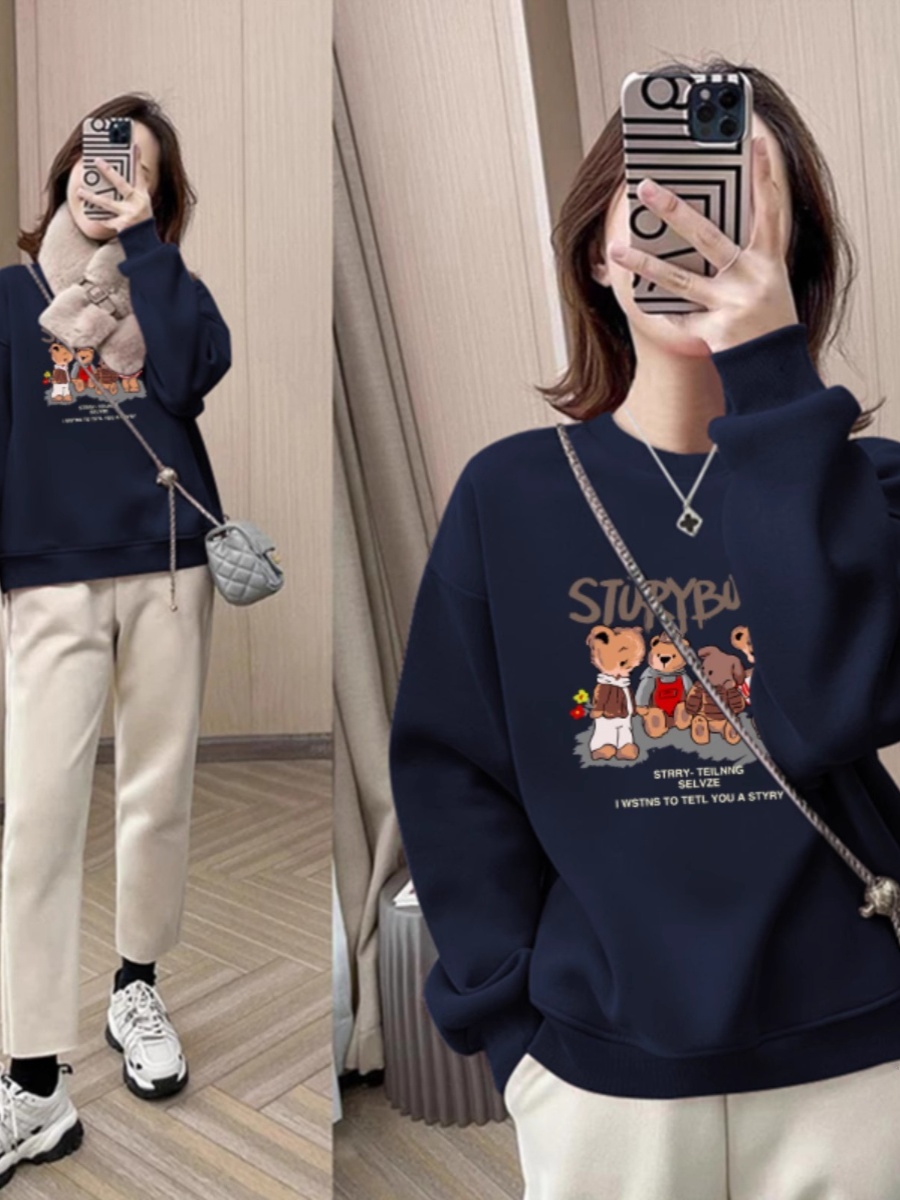 round Neck Sweatshirt Women's Spring and Autumn 2025 New Arrival Best Selling Small Wide Loose Shoulder Pullover Velvet Padded Thickened Top Spring