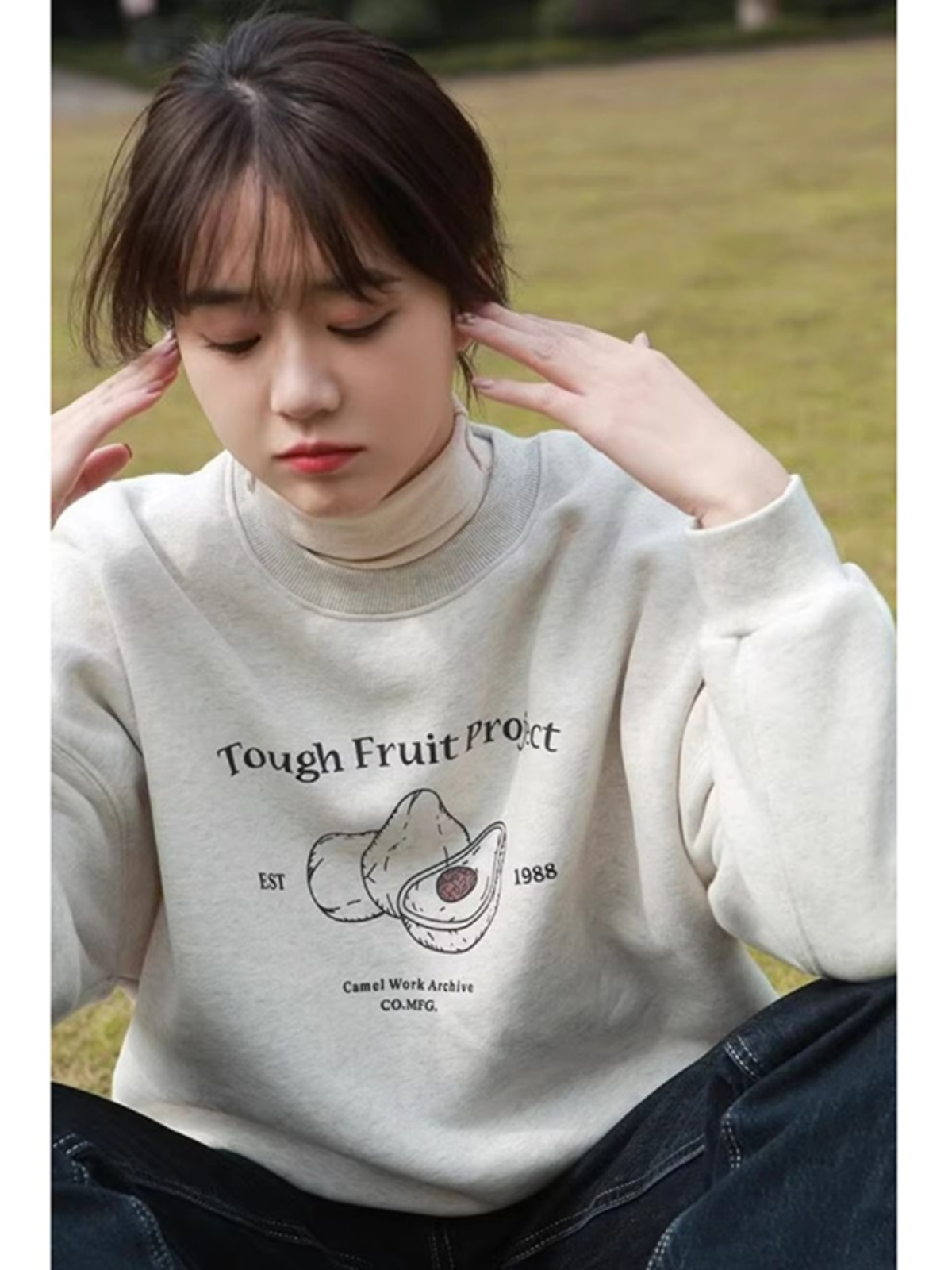 Korean Style Lazy Fleece-lined Oatmeal Color Crew Neck Pullover Sweatshirt Female Student Thickened Spring & Fall Letter Print Top Outwear