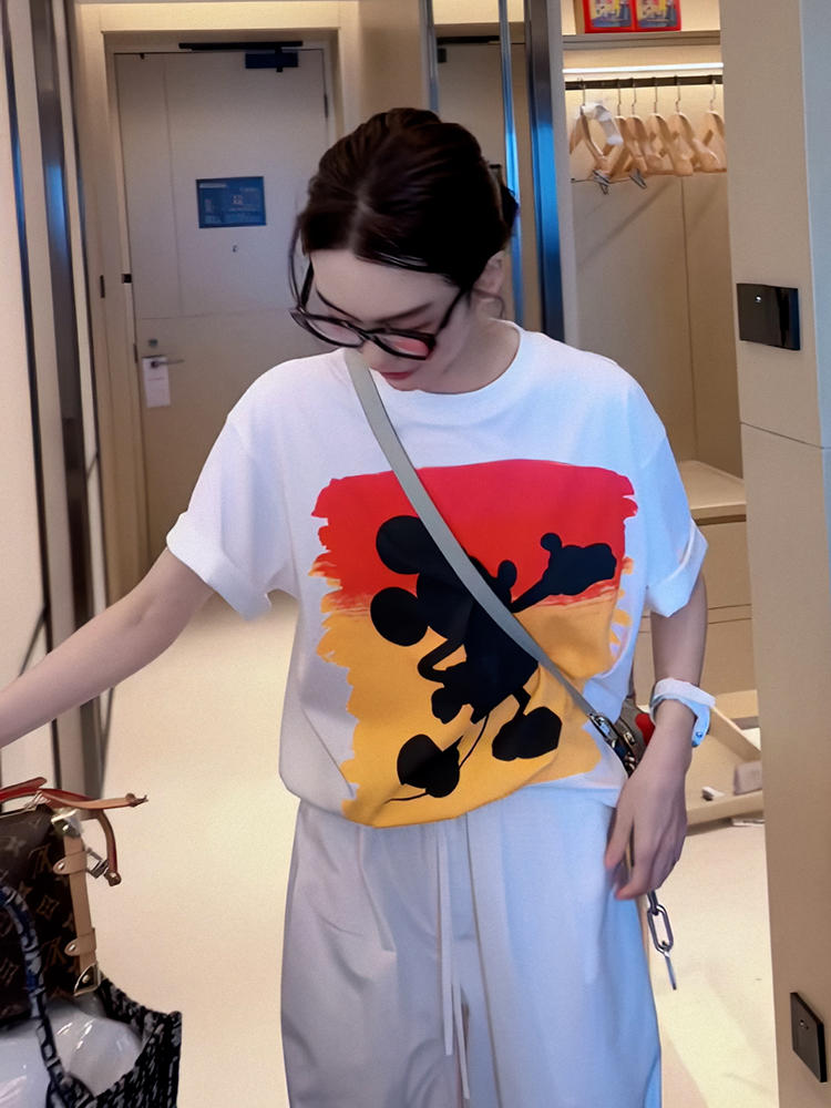 White Minimalist Easiest for Match Mickey Mouse Print Pure Cotton Short Sleeve T-Shirt Female Summer 2025 New Arrival Versatile Loose Top