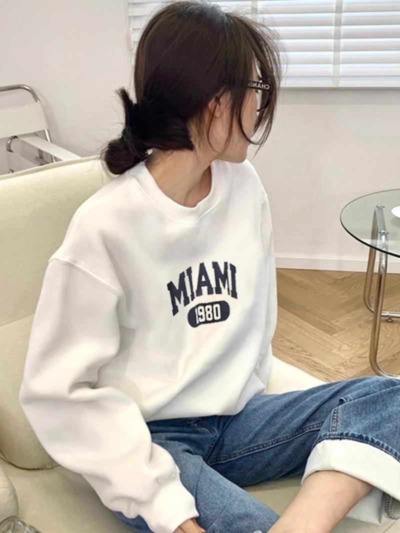 European Goods 2025 New Arrival Loose Pure Cotton White round Neck Sweatshirt Women's Spring & Fall Thin Stylish Letter Print Top