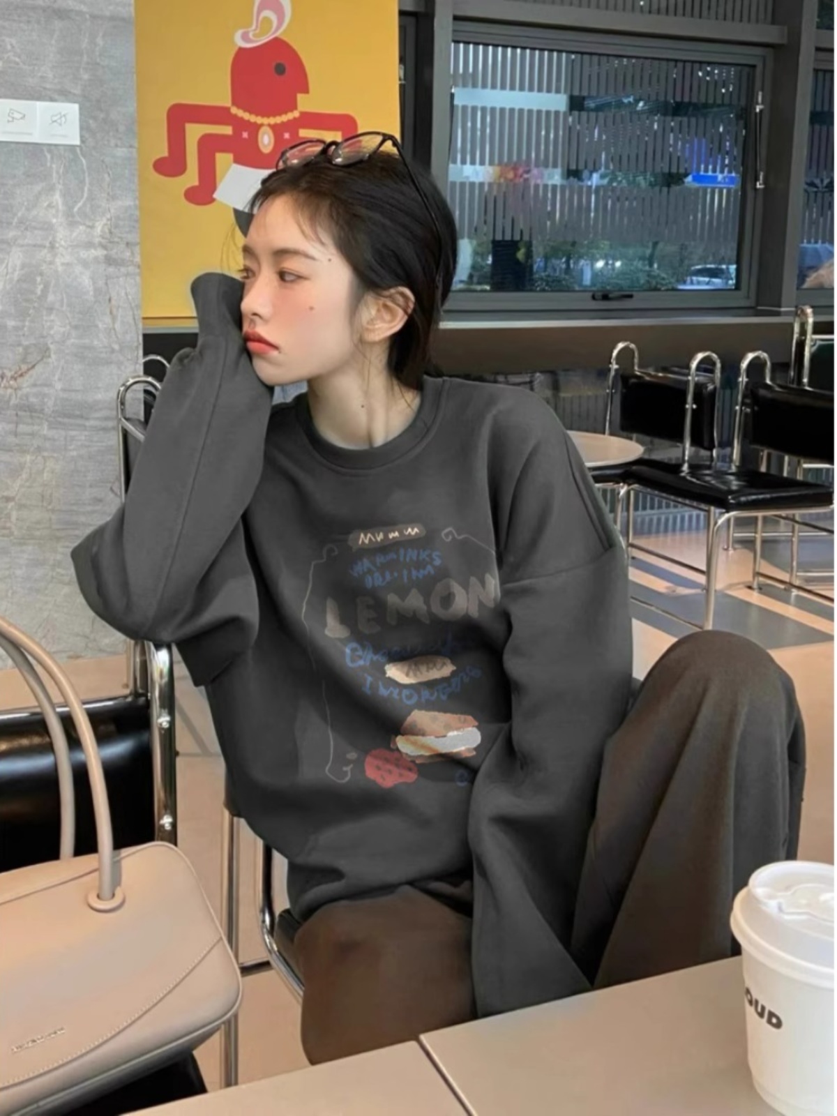 2025 New Arrival Spring Dark Gray Fleece-lined Thickened All-Matching Tops Letter Print Loose round Neck Long Sleeves Sweatshirt Women