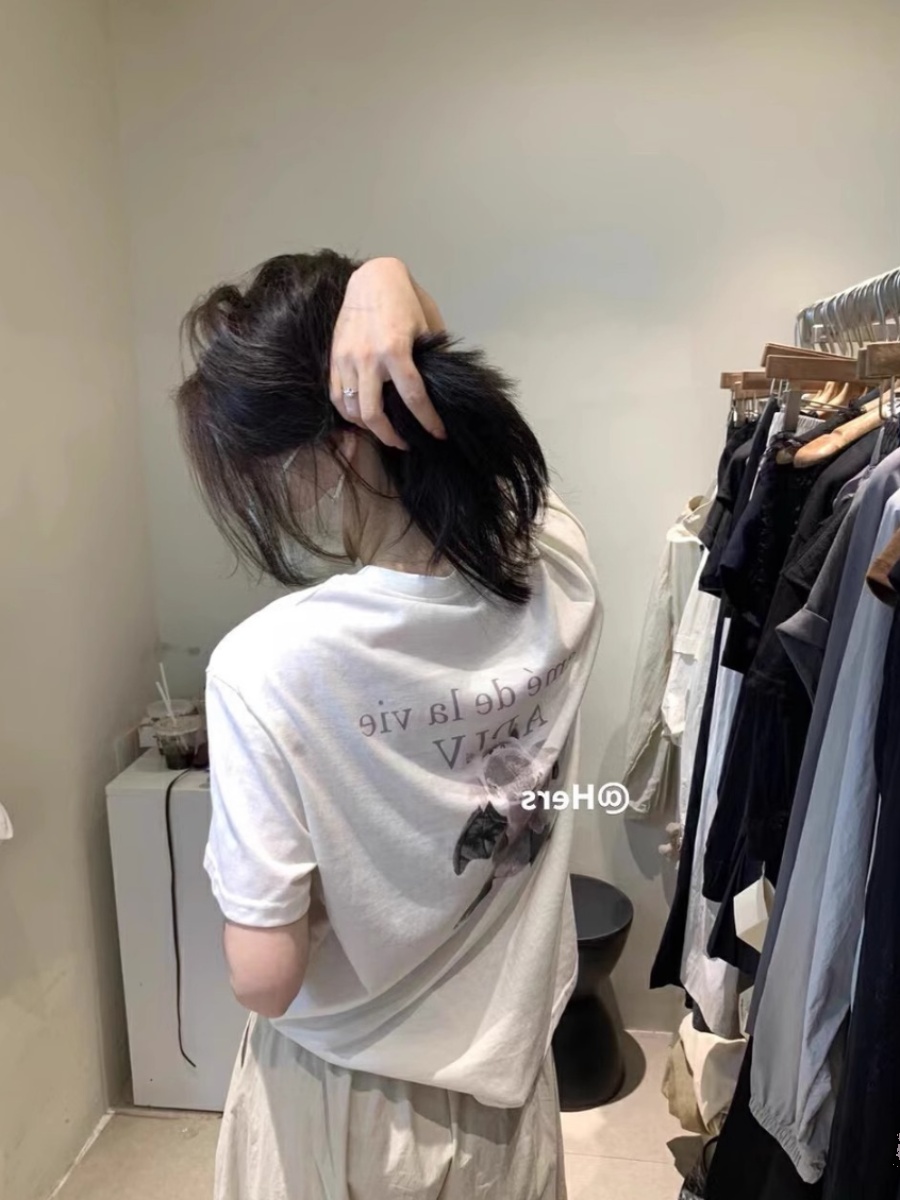 Korean Style Back Pattern Stylish Letter Print Top Women's Summer Loose round Neck White Short Sleeve T-Shirt Loose Feeling