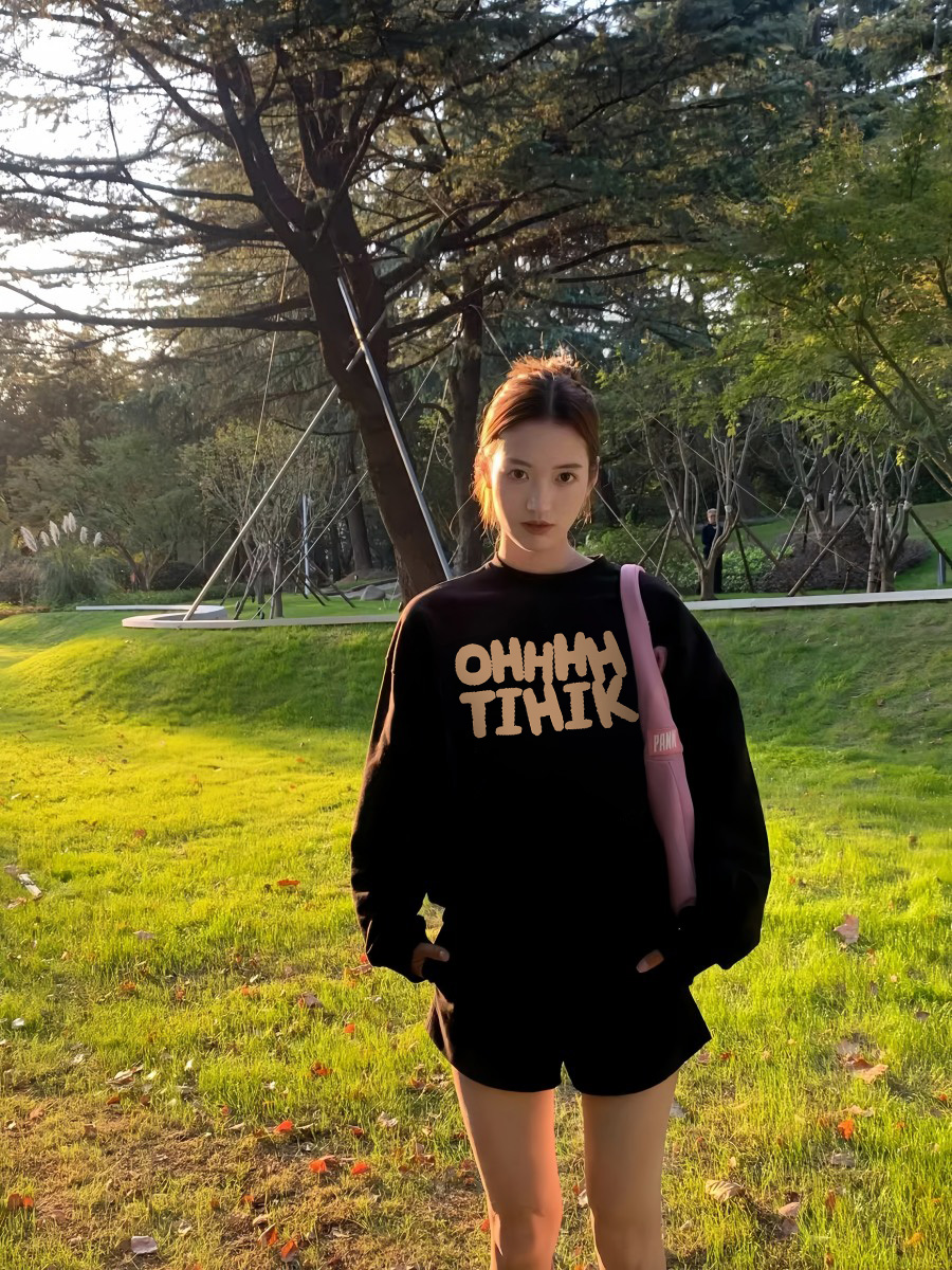 Black Oversize round Neck Sweatshirt Female Spring and Autumn Loose Vibe Chinese Fad High Street Special-Interest Design Original Tops