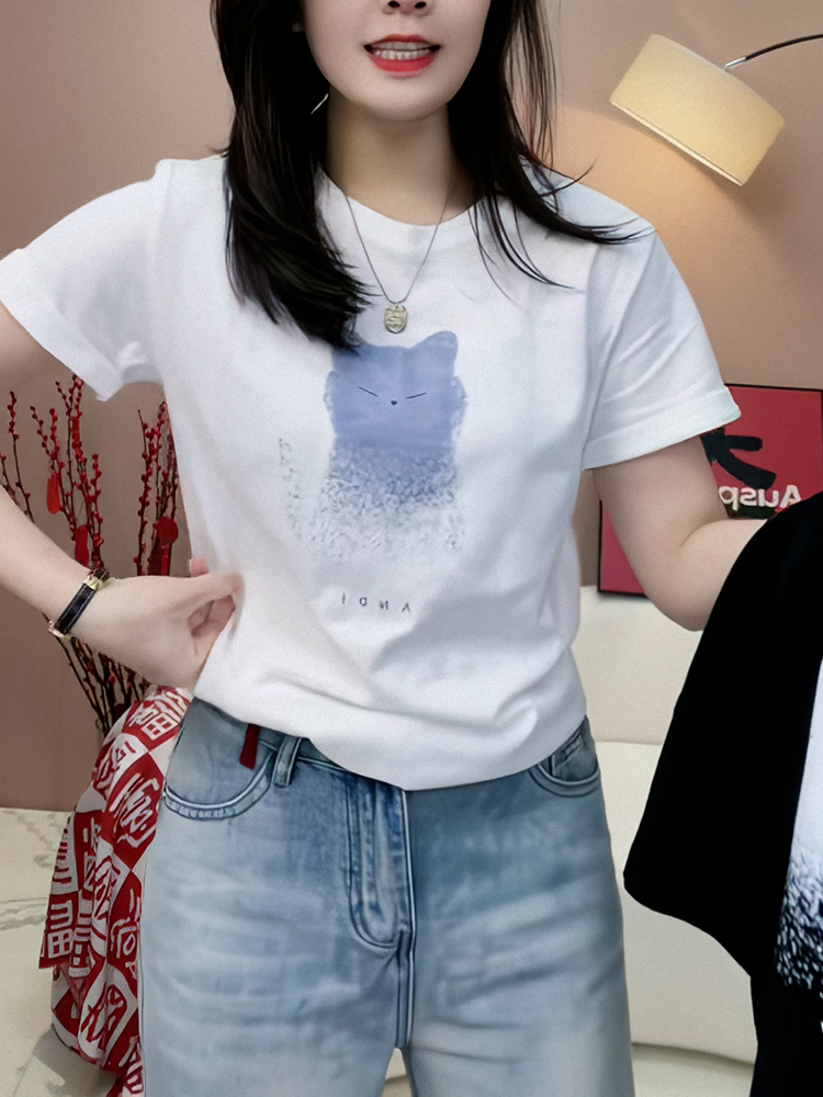 European Goods Western Style Oversized Loose T-shirt Women's White Shoulder Short Sleeve Summer Heavy Weight Pure Cotton Small Slimming Half Sleeve