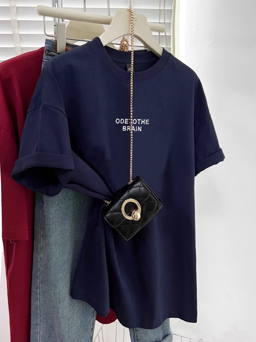 2025 Summer New Design Sense Niche Style Dark Blue All Cotton Short Sleeve T-shirt Female Loose Easiest for Match Anti-Aging Top Tide