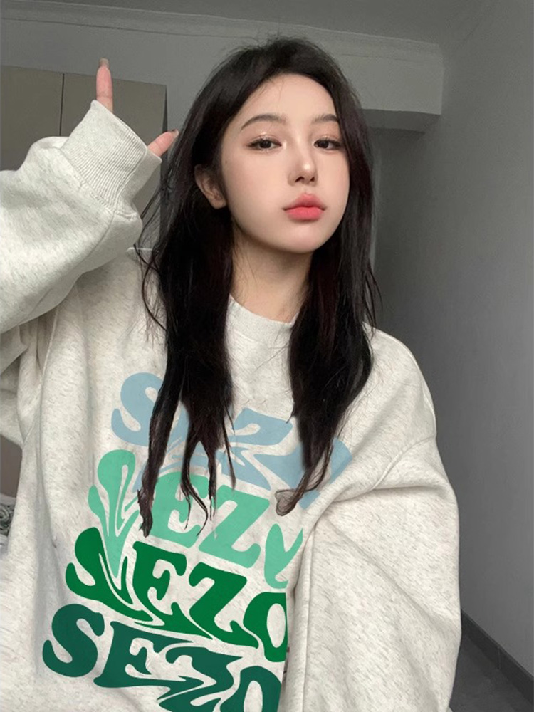 Melange Gray round Neck Sweatshirt Female New Arrival 2025 Autumn K-style Hooded Wear Oversize Loose Female Version Tops