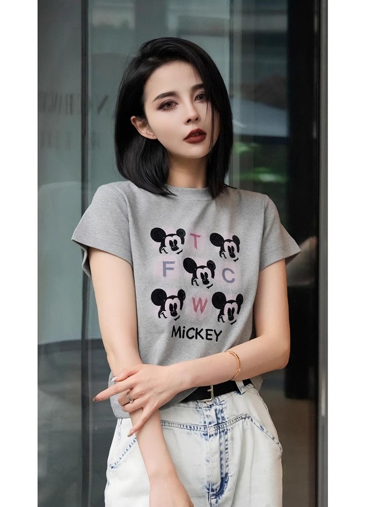 Summer Korean Style Chic Western Style Youthful-Looking Unique Chic Beautiful Tops Cartoon Print Gray Shoulder Short Sleeve T-shirt for Women