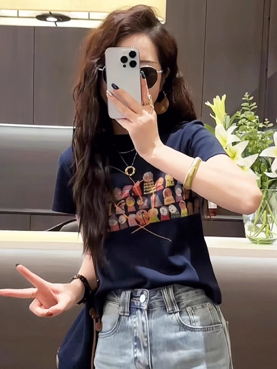 Print Short Sleeve T-Shirt Women 2025 New Arrival Best Selling Summer T-shirt Fashion Western Style Slim Fit Slimming Short Top Women