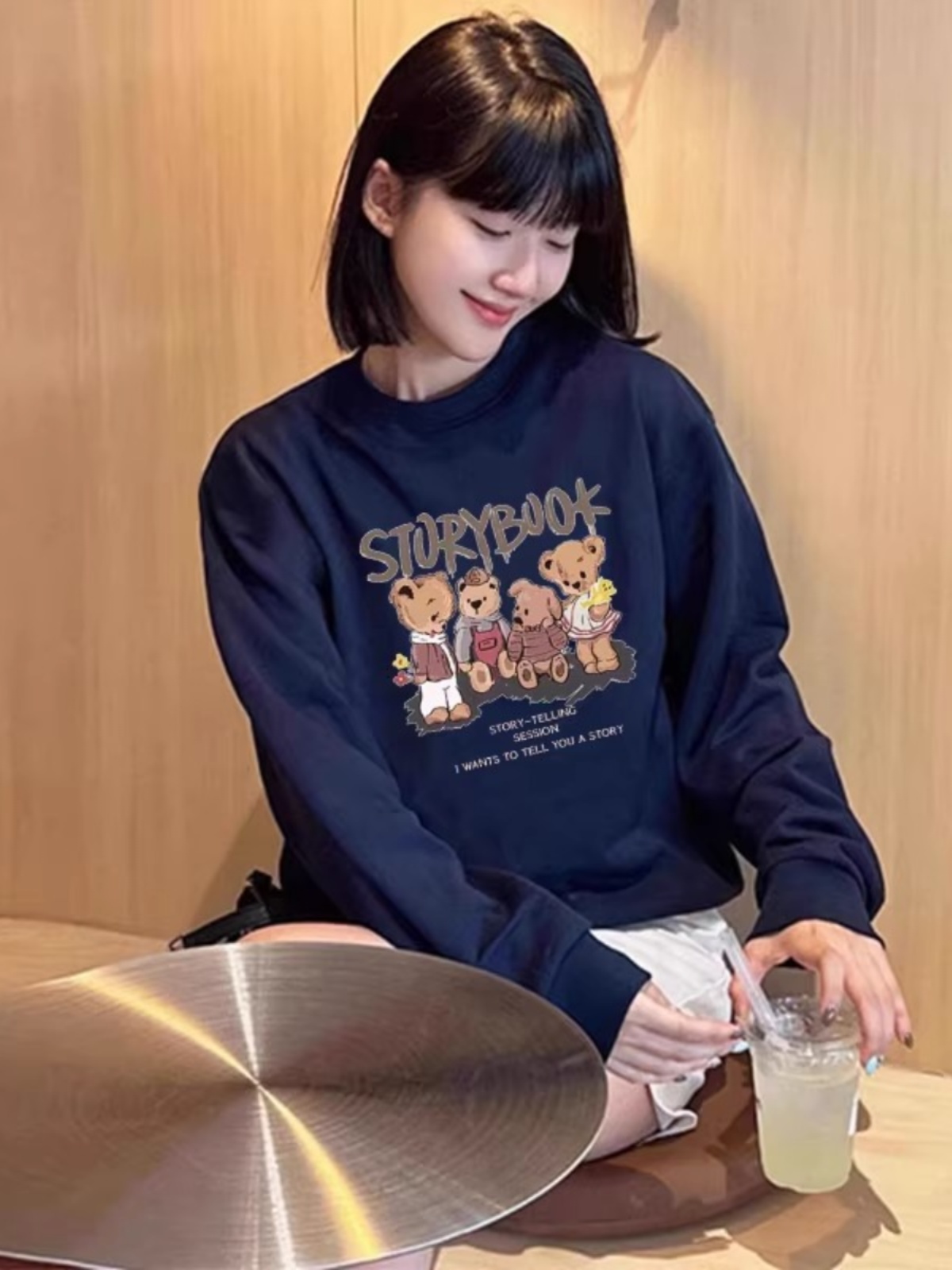 Dark Blue Fleece-Lined Cartoon round Neck Sweatshirt Women 2025 Spring & Fall New Arrival K-style Youthful-Looking Loose Slim Looking Top without Hood