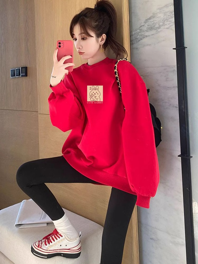 Red Sweater Women's Spring & Fall 2025 New Arrival Small Mid Length Long Length Fleece-lined Thickened Rabbit Tops Animal Year Clothes