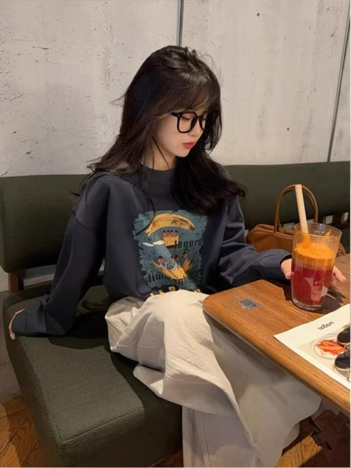 Black Hooded Letters Print Long Sleeves Shoulder Tops Women's Spring and Autumn Stylish Small Super Nice round Neck Sweatshirt