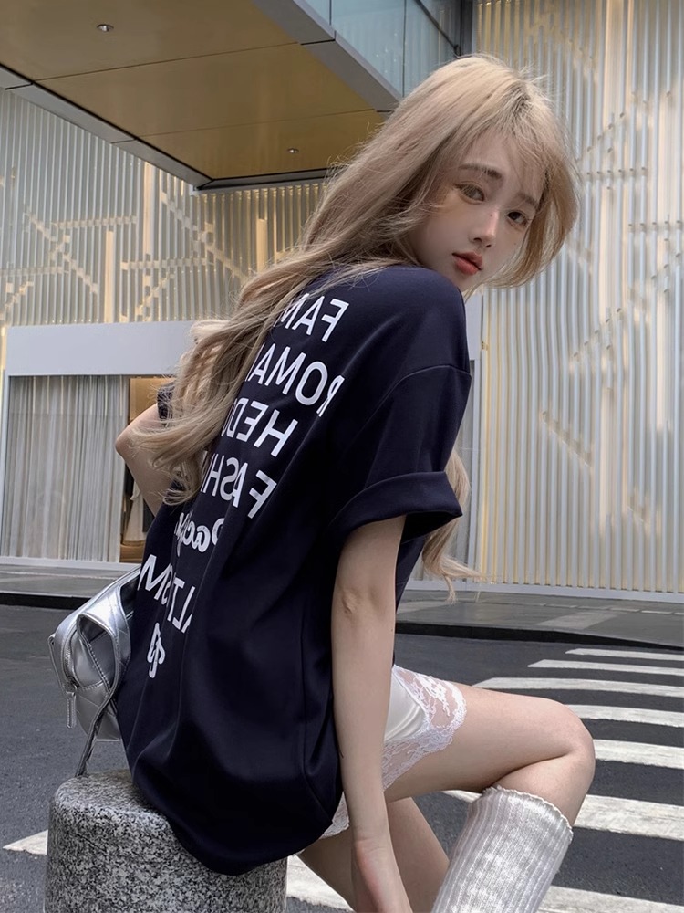American Retro Navy Blue Short Sleeve T-Shirt Women 2025 New Arrival Summer European Goods Large Half Sleeve Loose Mid Length Long Length